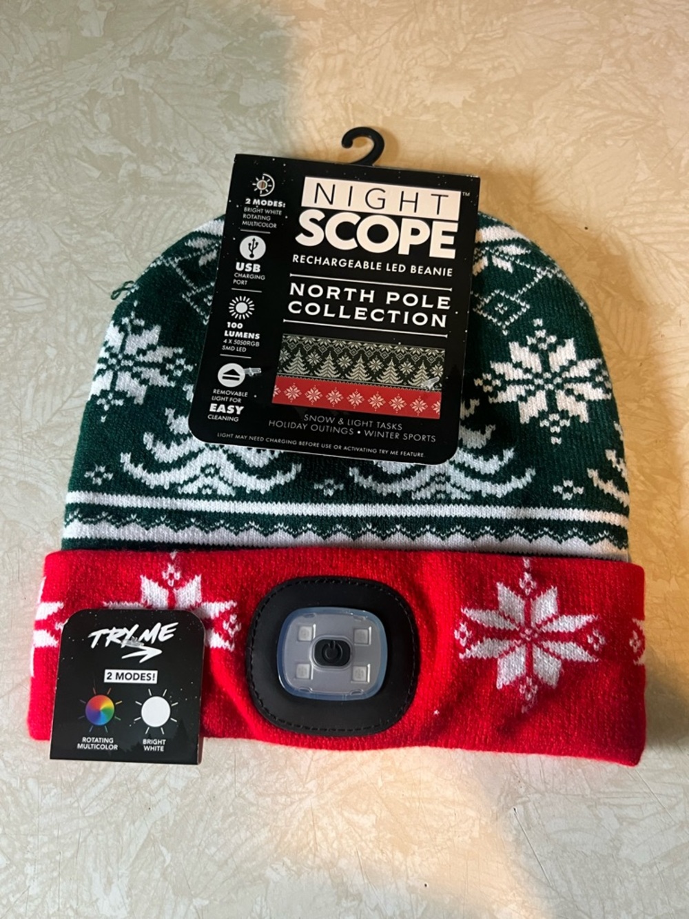 Night Scope North Pole Collection Rechargeable LED Beanie - Green & Red